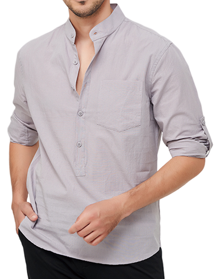 Chemise décontractée à manches longues et col Henley en coton pour hommes, couleur unie, avec poches