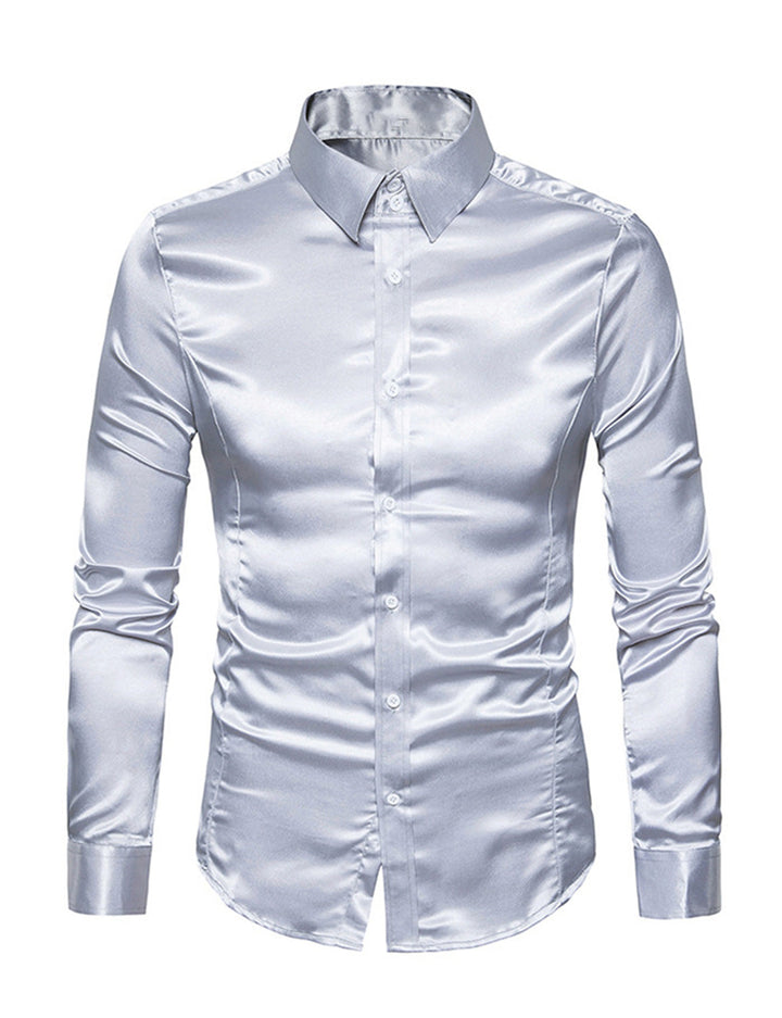 Chemise de soirée à manches longues en satin lisse boutonnée pour homme