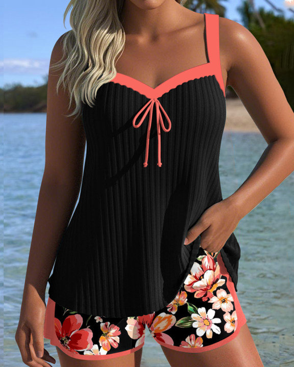Tankini Col En V Imprimé Boxer De Sport