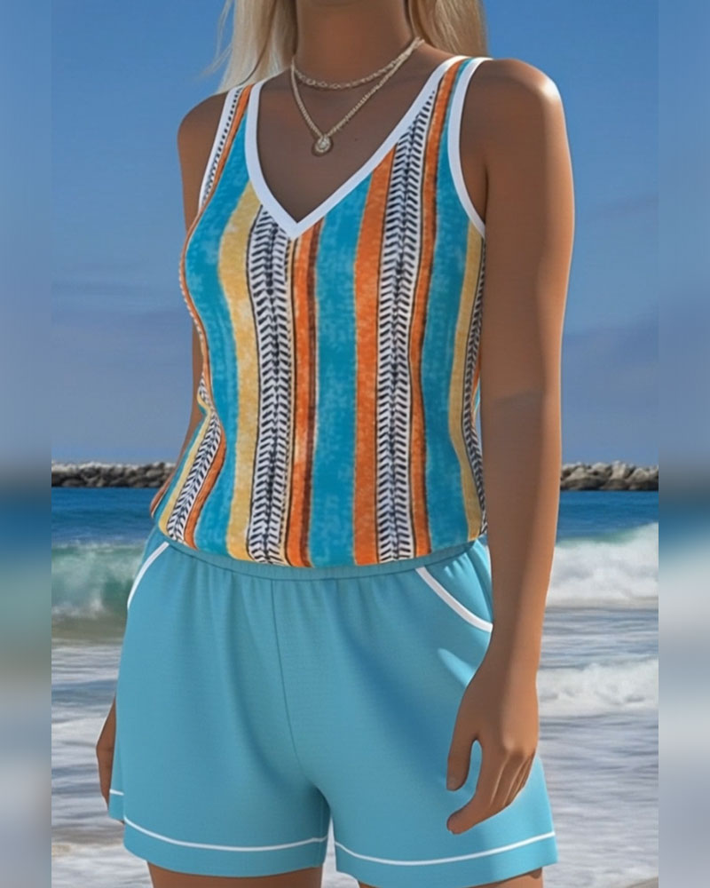 Tankini Maillot De Bain Col V Imprimé