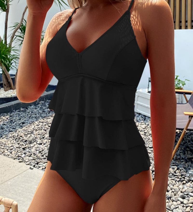 Tankini fendu à volants de couleur unie