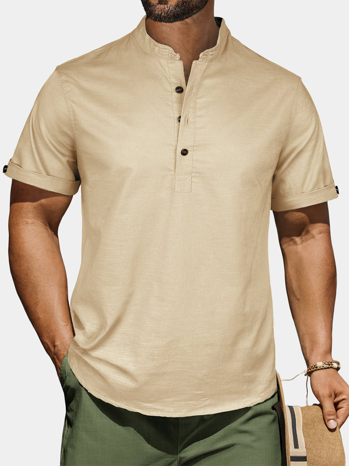 Chemise Homme Henley en Coton et Lin à Col Mao Manches Courtes