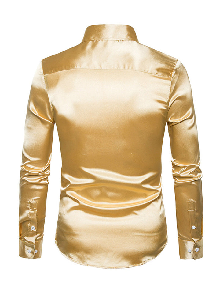 Chemise de soirée à manches longues en satin lisse boutonné pour homme