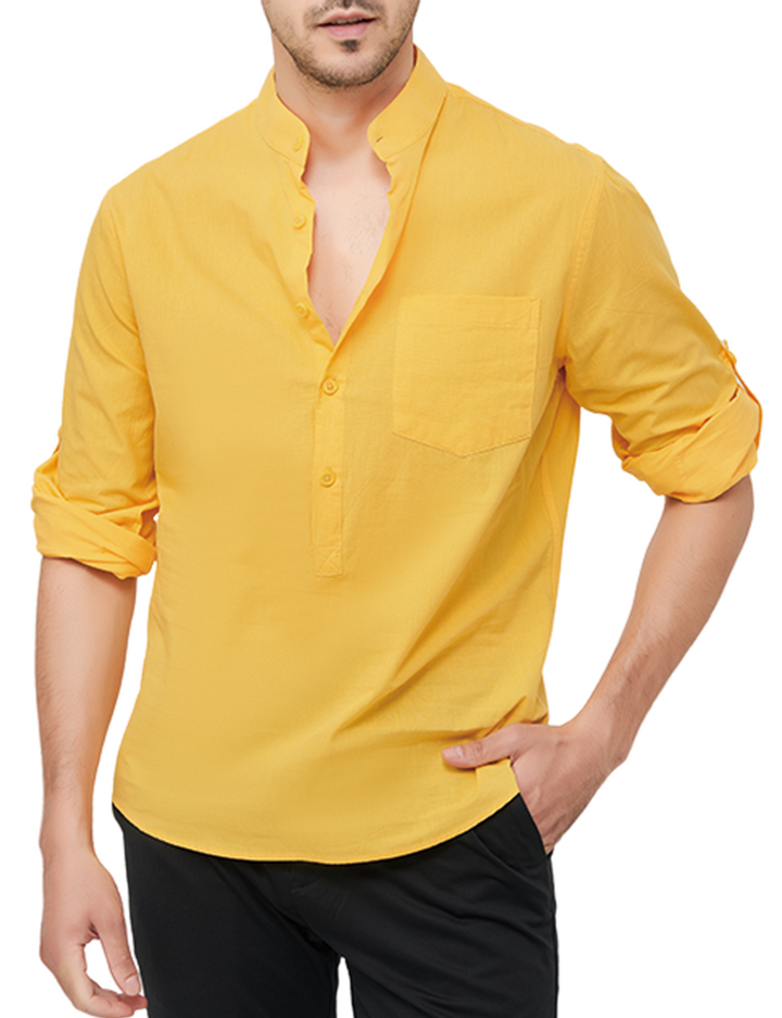 Chemise à manches longues décontractée en coton avec col Henley de couleur unie pour hommes