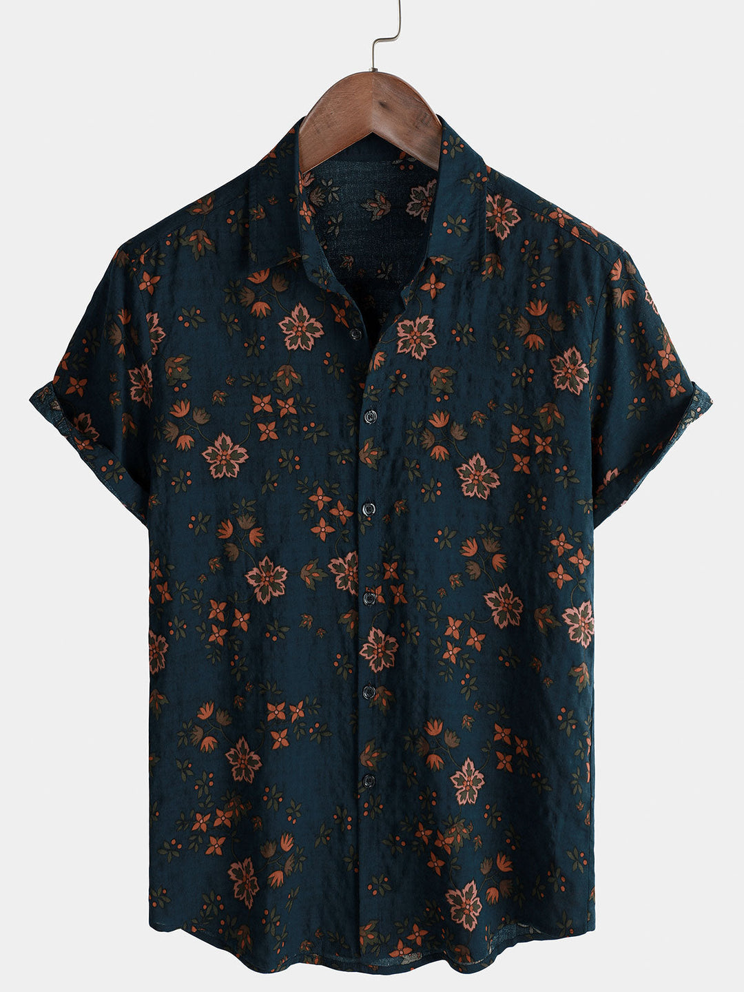 Chemise en coton à manches courtes boutonnée bleu marine à fleurs d&