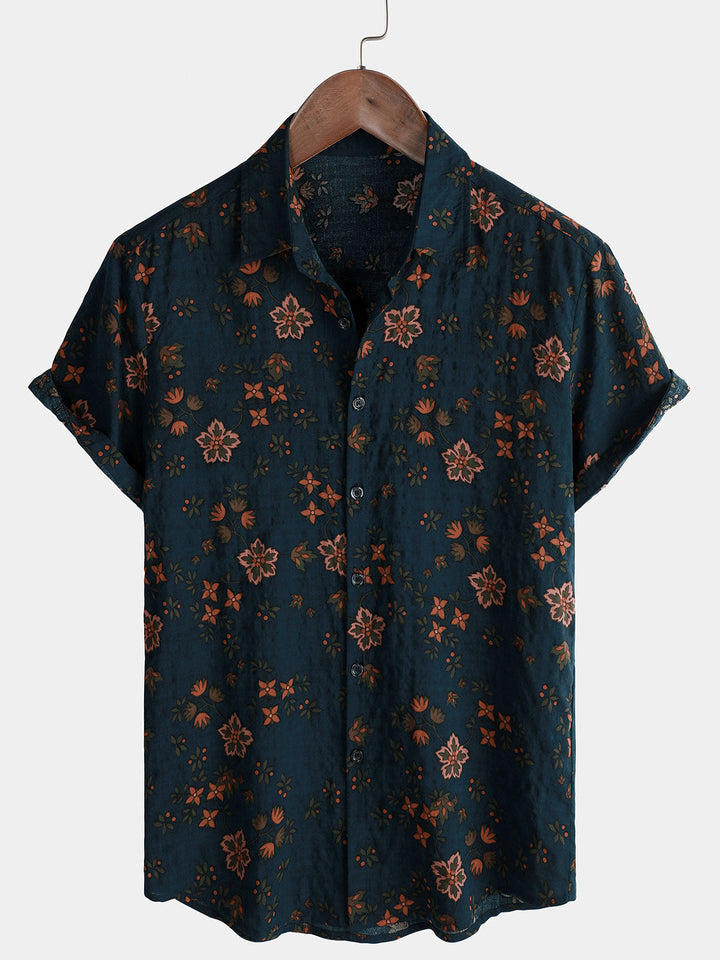 Chemise en coton à manches courtes boutonnée bleu marine à fleurs d&