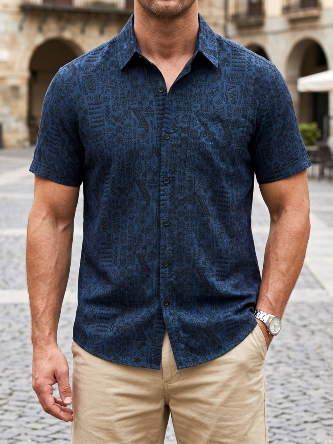 Chemise homme manches courtes imprimé tribal géométrique bleu marine en rayon