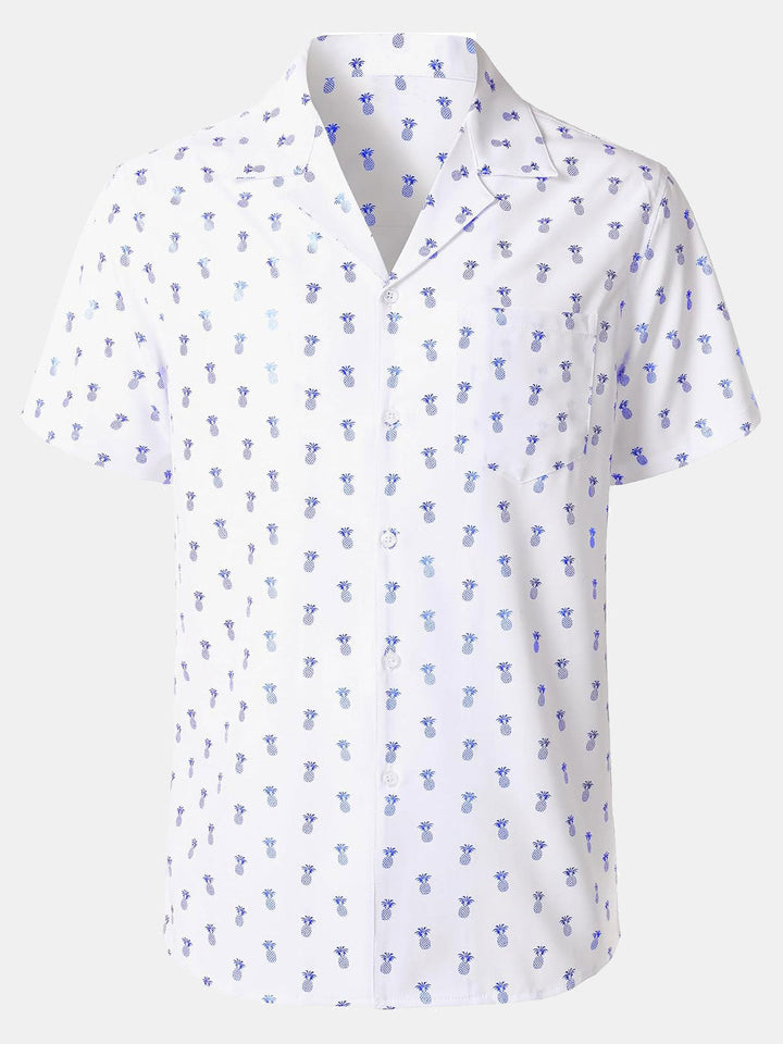 Chemise à manches courtes et col cubain pour homme, imprimé ananas bleu