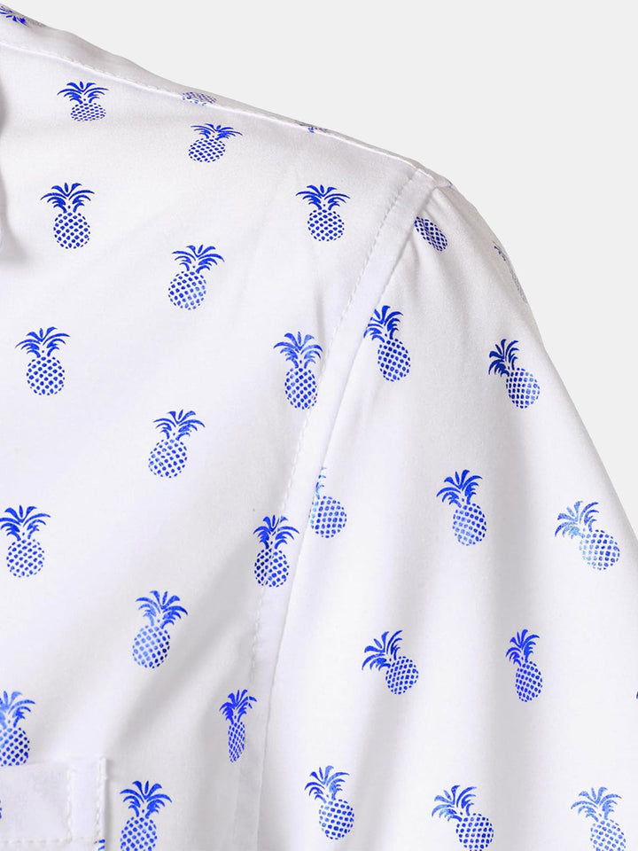 Chemise à manches courtes et col cubain pour homme, imprimé ananas bleu