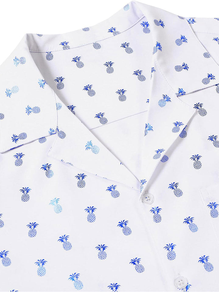 Chemise à manches courtes et col cubain pour homme, imprimé ananas bleu