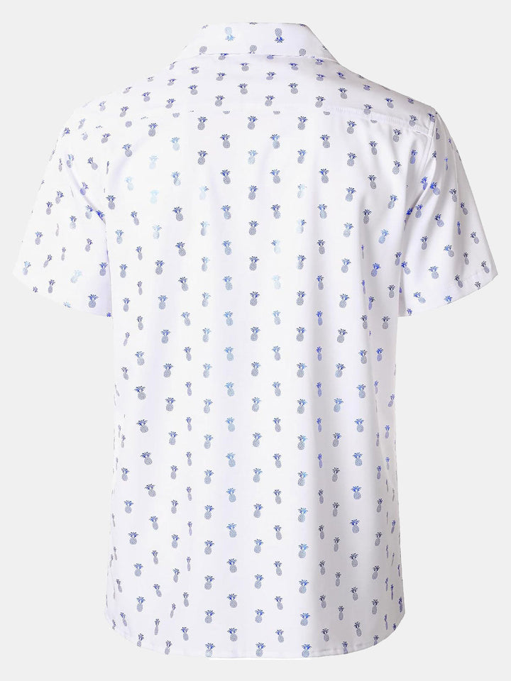 Chemise à manches courtes et col cubain pour homme, imprimé ananas bleu