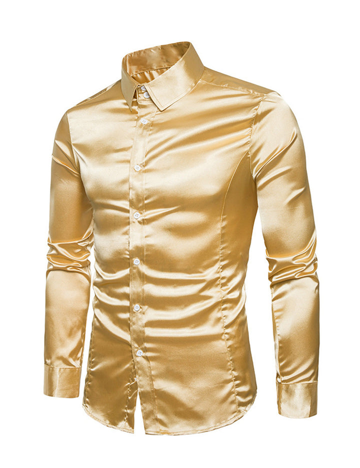Chemise de soirée à manches longues en satin lisse boutonné pour homme