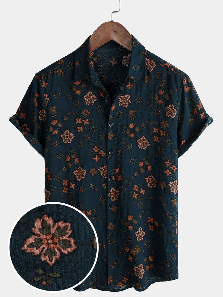 Chemise en coton à manches courtes boutonnée bleu marine à fleurs d&