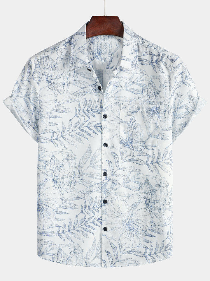 Chemise hawaïenne blanche à manches courtes à imprimé floral rétro pour homme