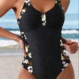 Maillot de Bain Sans Manches Imprimé Contraste Une-Pièce