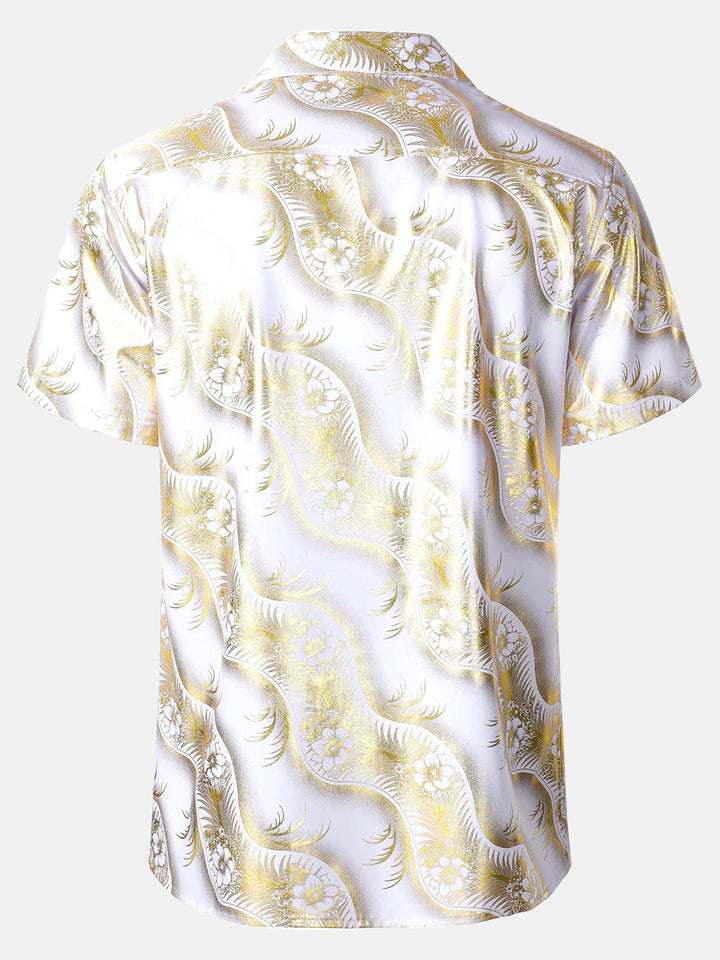 Chemise à manches courtes et col cubain pour homme, imprimé floral doré