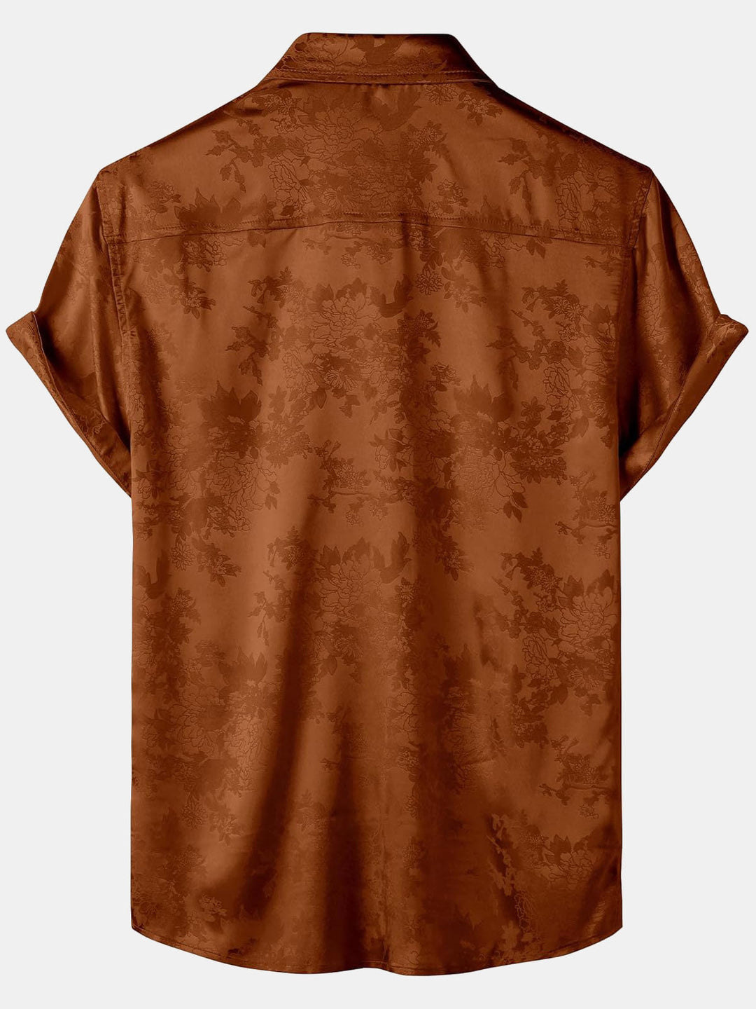 Chemise à manches courtes en satin de soie à motif floral et jacquard marron pour homme
