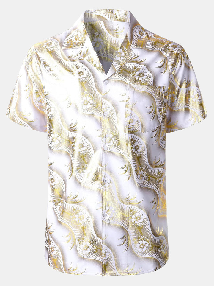 Chemise à manches courtes et col cubain pour homme, imprimé floral doré