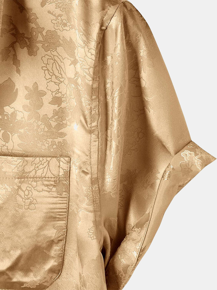 Chemise à manches courtes en satin de soie à poches et jacquard floral pour homme