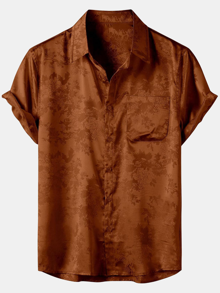 Chemise à manches courtes en satin de soie à motif floral et jacquard marron pour homme