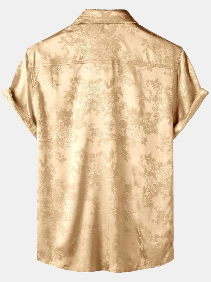 Chemise à manches courtes en satin de soie à poches et jacquard floral pour homme