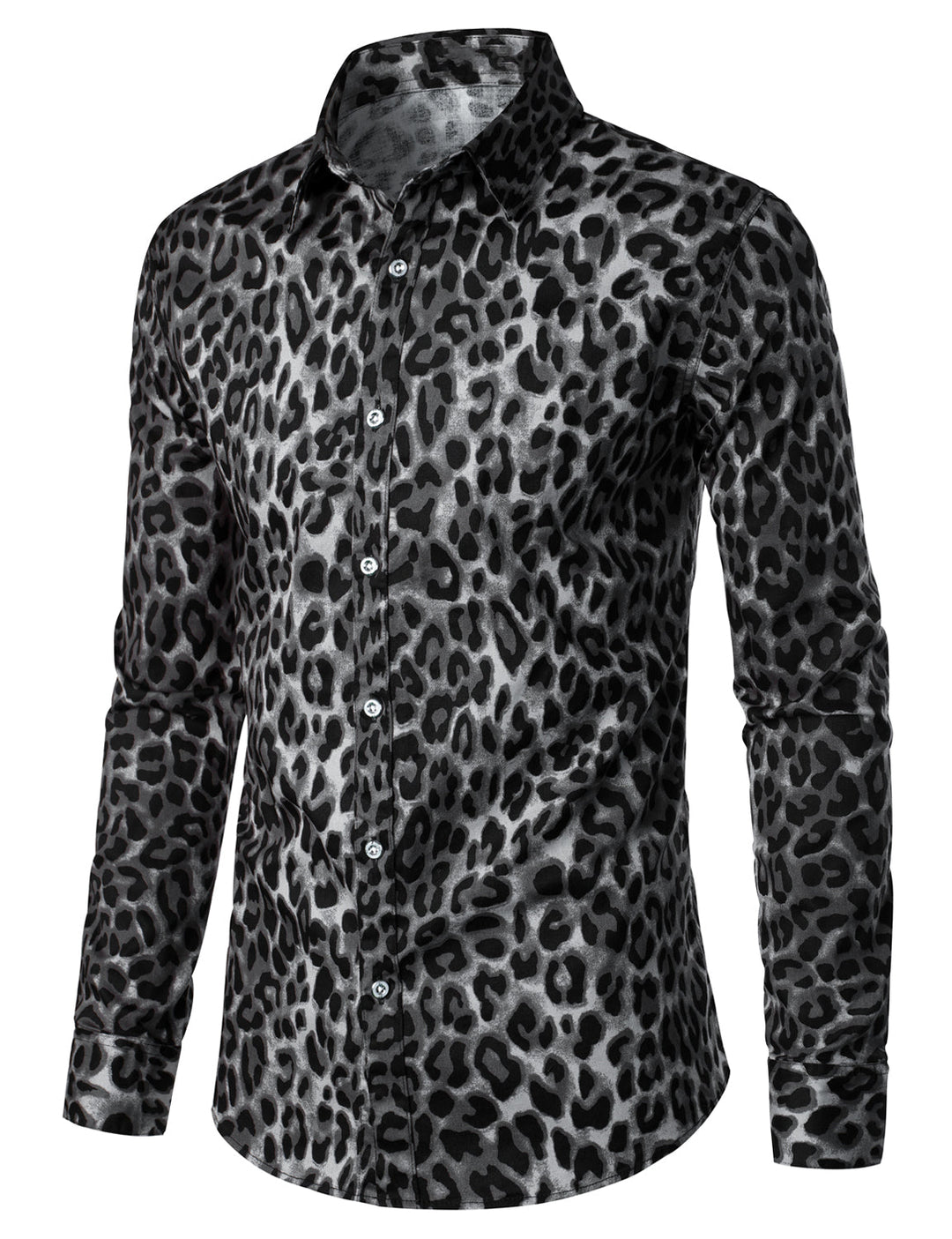 Chemise à manches longues en coton décontracté à imprimé léopard des neiges gris pour hommes