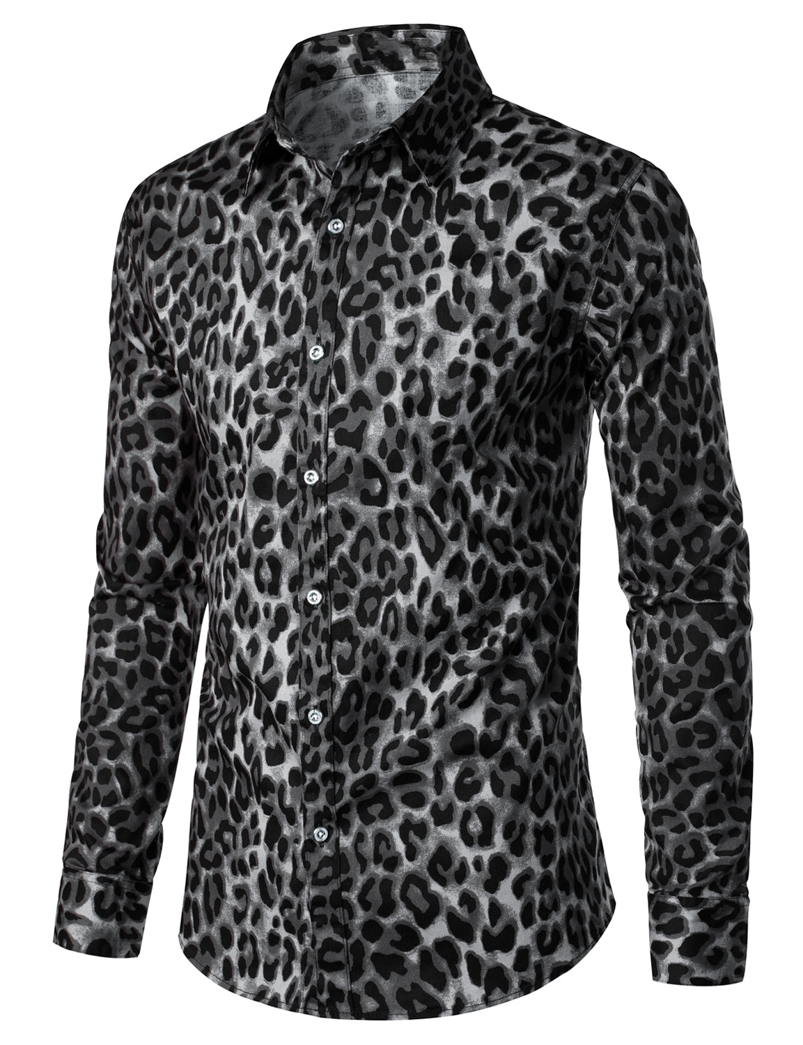 Chemise à manches longues en coton décontracté à imprimé léopard des neiges gris pour hommes