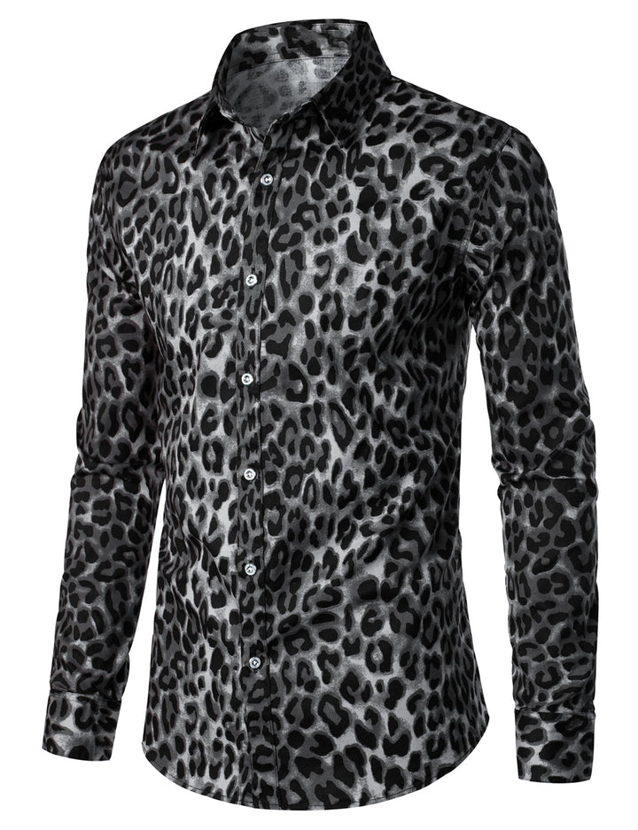 Chemise à manches longues en coton décontracté à imprimé léopard des neiges gris pour hommes