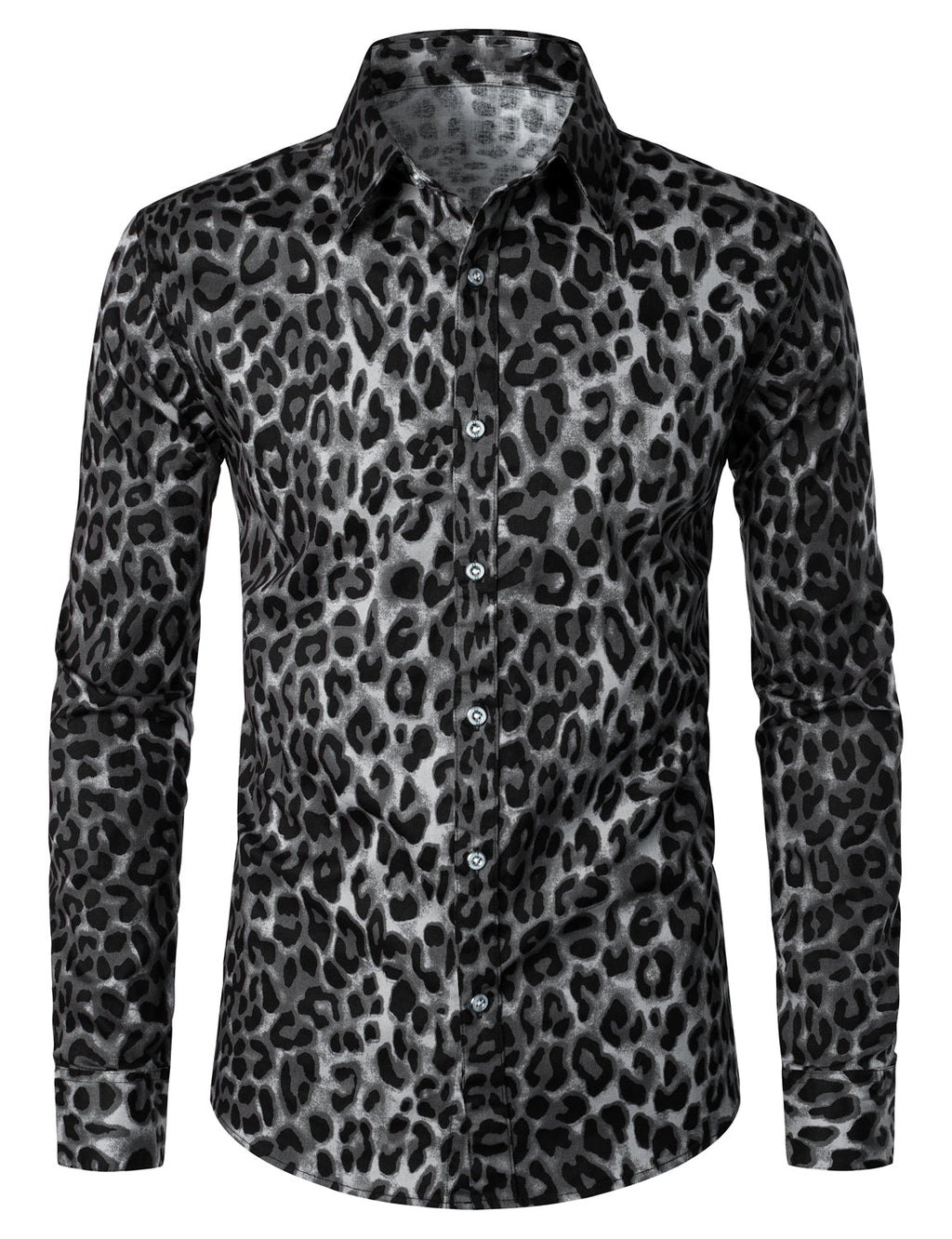 Chemise à manches longues en coton décontracté à imprimé léopard des neiges gris pour hommes