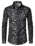 Chemise à manches longues en coton décontracté à imprimé léopard des neiges gris pour hommes