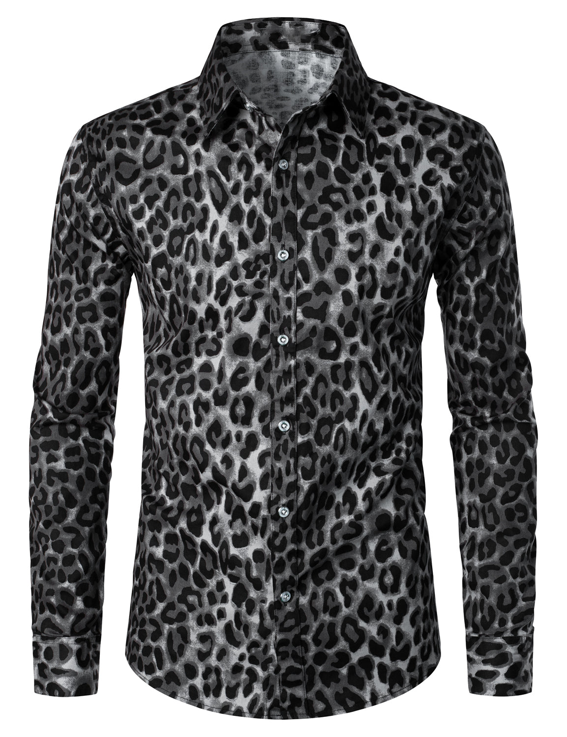 Chemise à manches longues en coton décontracté à imprimé léopard des neiges gris pour hommes