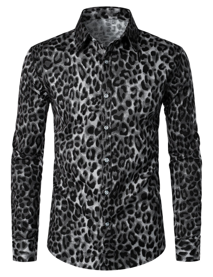 Chemise à manches longues en coton décontracté à imprimé léopard des neiges gris pour hommes