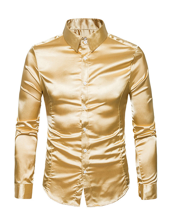 Chemise de soirée à manches longues en satin lisse boutonné pour homme