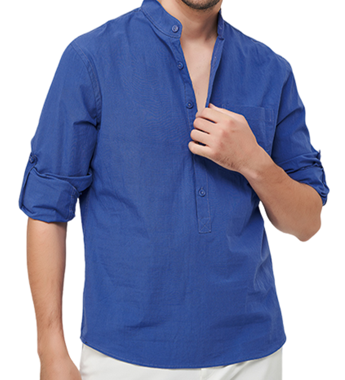 Chemise décontractée à manches longues et col Henley en coton pour hommes, couleur unie, avec poches