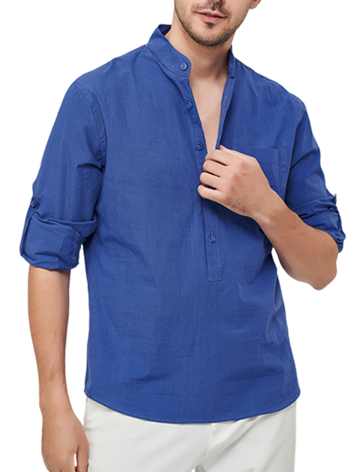 Chemise décontractée à manches longues et col Henley en coton pour hommes, couleur unie, avec poches