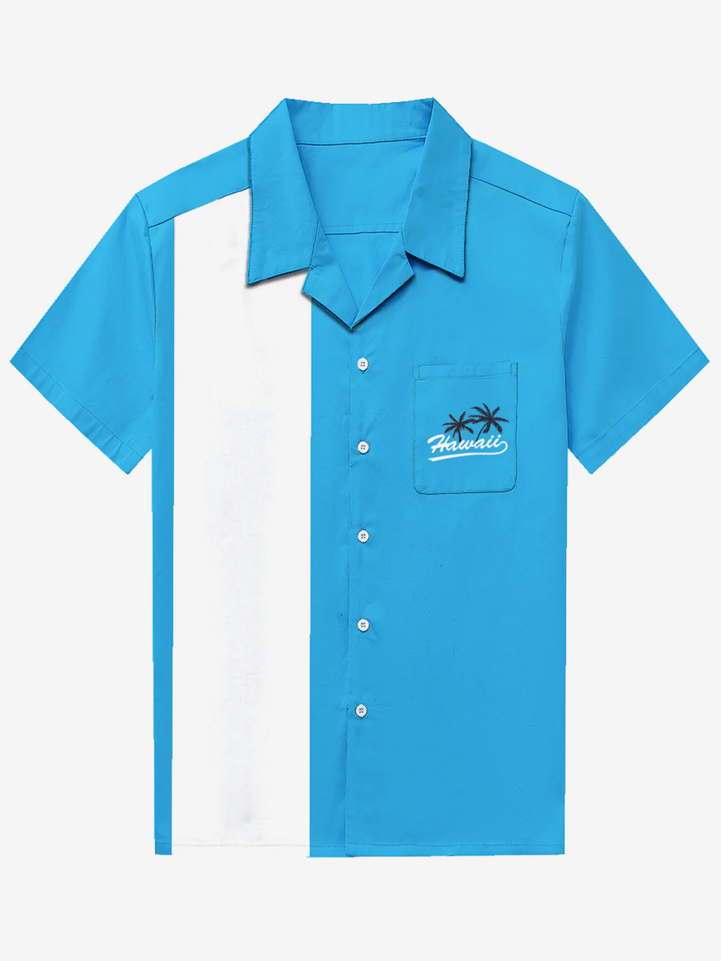 Chemise à manches courtes bleue pour homme 50's Vintage Camp Cotton Pocket Bowling Hawaii Coconut Tree