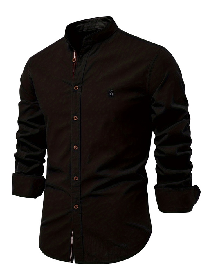 Chemise à manches longues boutonnée en coton de couleur unie respirante pour hommes
