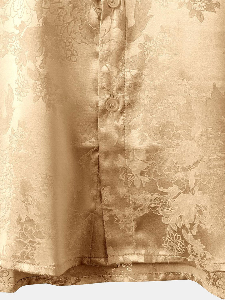 Chemise à manches courtes en satin de soie à poches et jacquard floral pour homme
