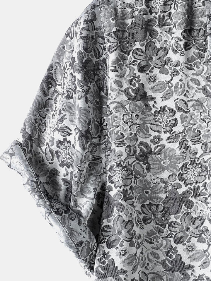Chemise à manches courtes en satin de soie jacquard à imprimé floral pour homme