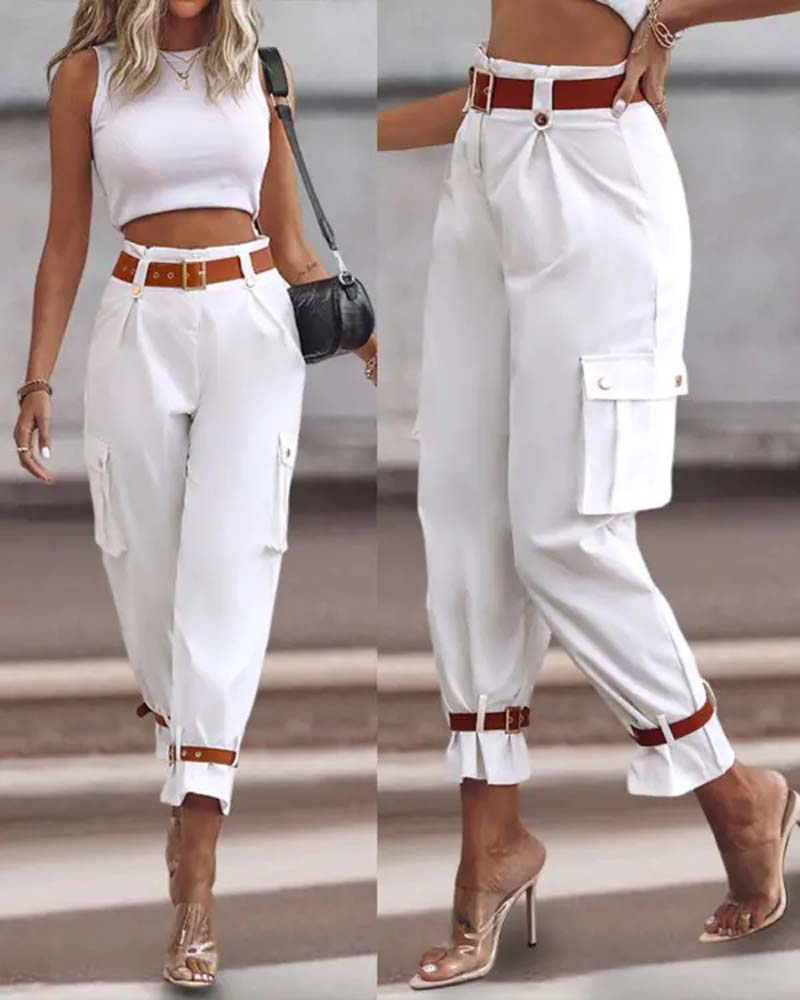 Pantalon cargo décontracté avec poche de couleur unie