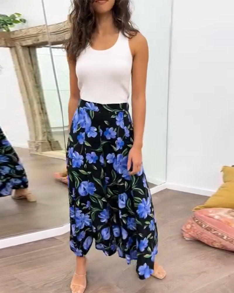 Pantalon large taille haute à imprimé floral