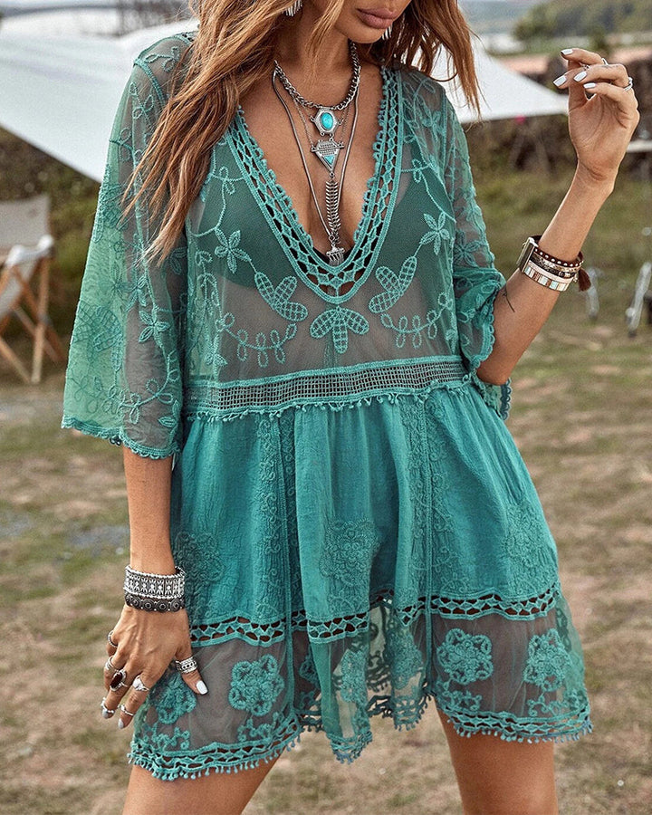 Smock V-Neck Brodé En Dentelle