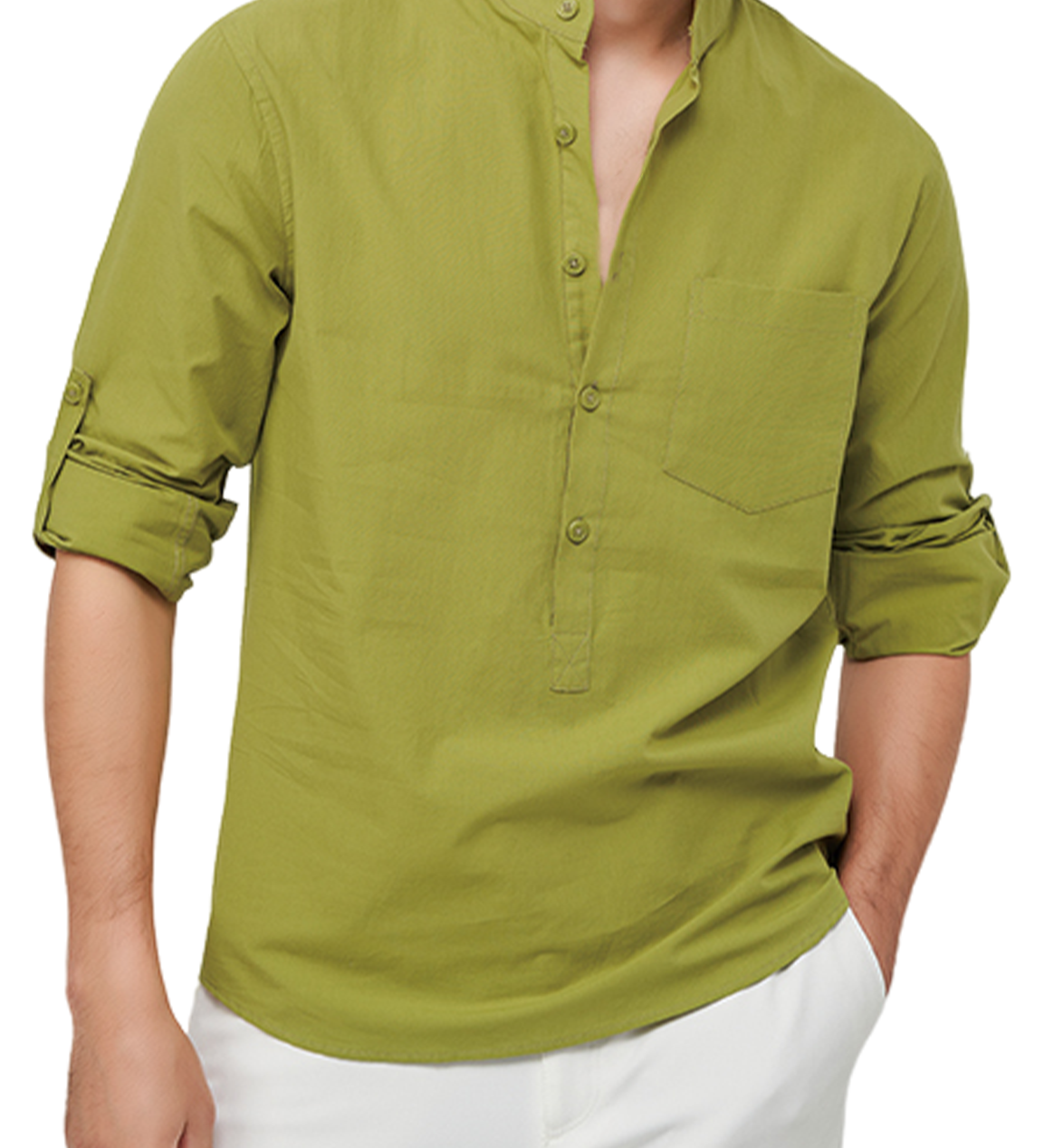 Chemise décontractée à manches longues et col Henley en coton pour hommes, couleur unie, avec poches