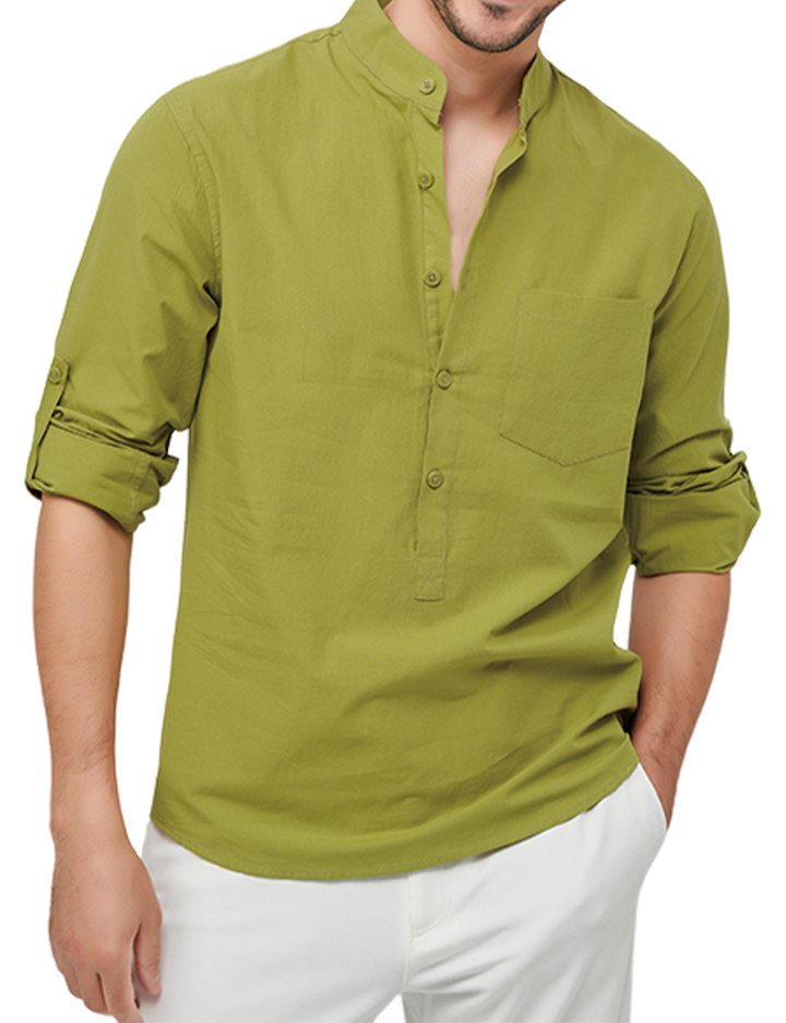 Chemise décontractée à manches longues et col Henley en coton pour hommes, couleur unie, avec poches