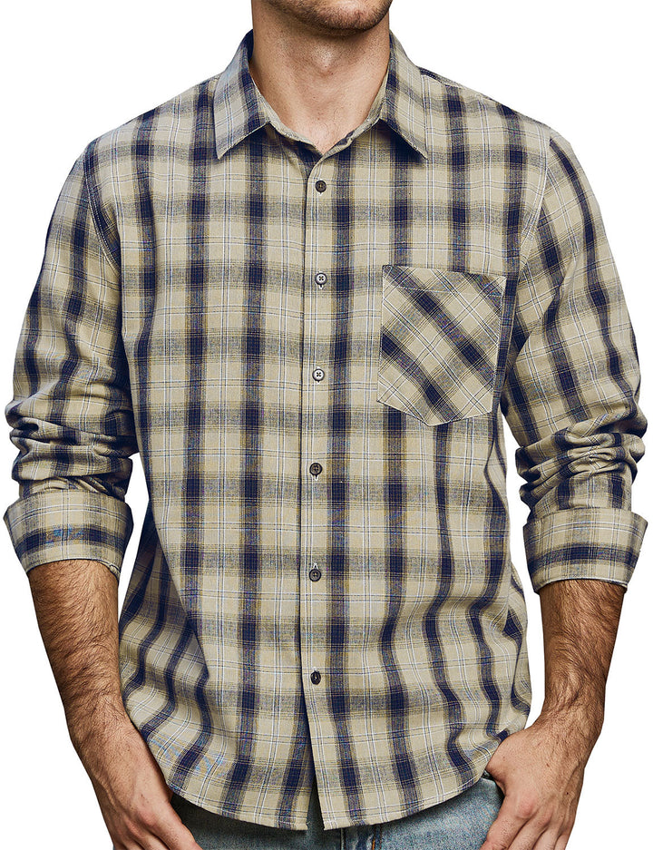 Chemise à manches longues à carreaux décontractée pour hommes avec poche rétro