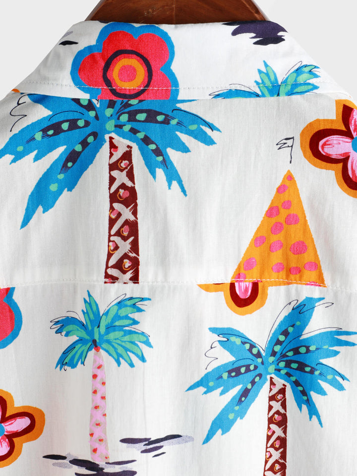 Chemise hawaïenne boutonnée à manches courtes en coton à imprimé tropical pour homme