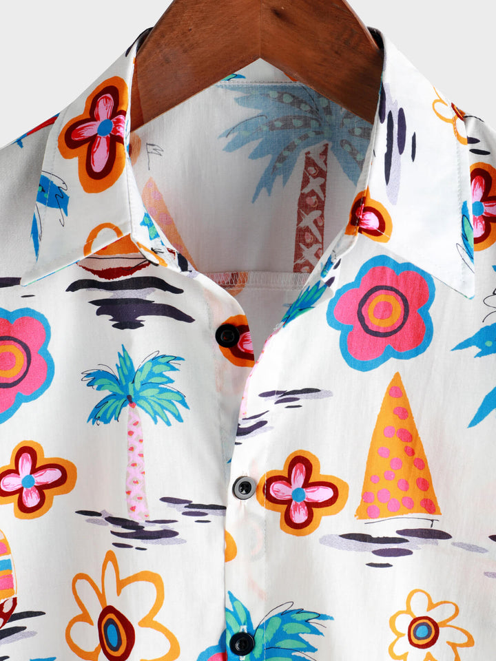 Chemise hawaïenne boutonnée à manches courtes en coton à imprimé tropical pour homme