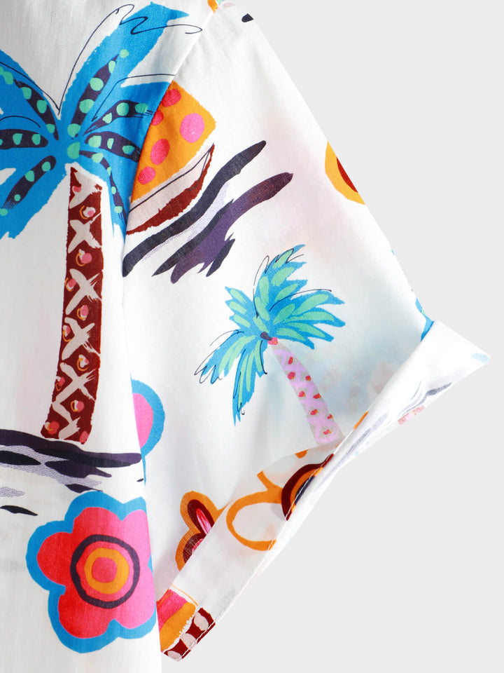 Chemise hawaïenne boutonnée à manches courtes en coton à imprimé tropical pour homme