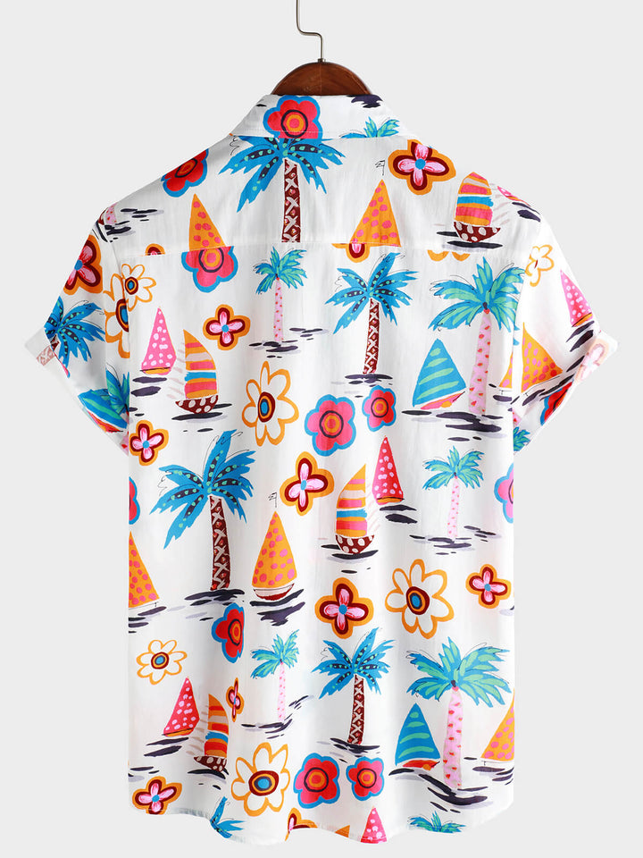 Chemise hawaïenne boutonnée à manches courtes en coton à imprimé tropical pour homme
