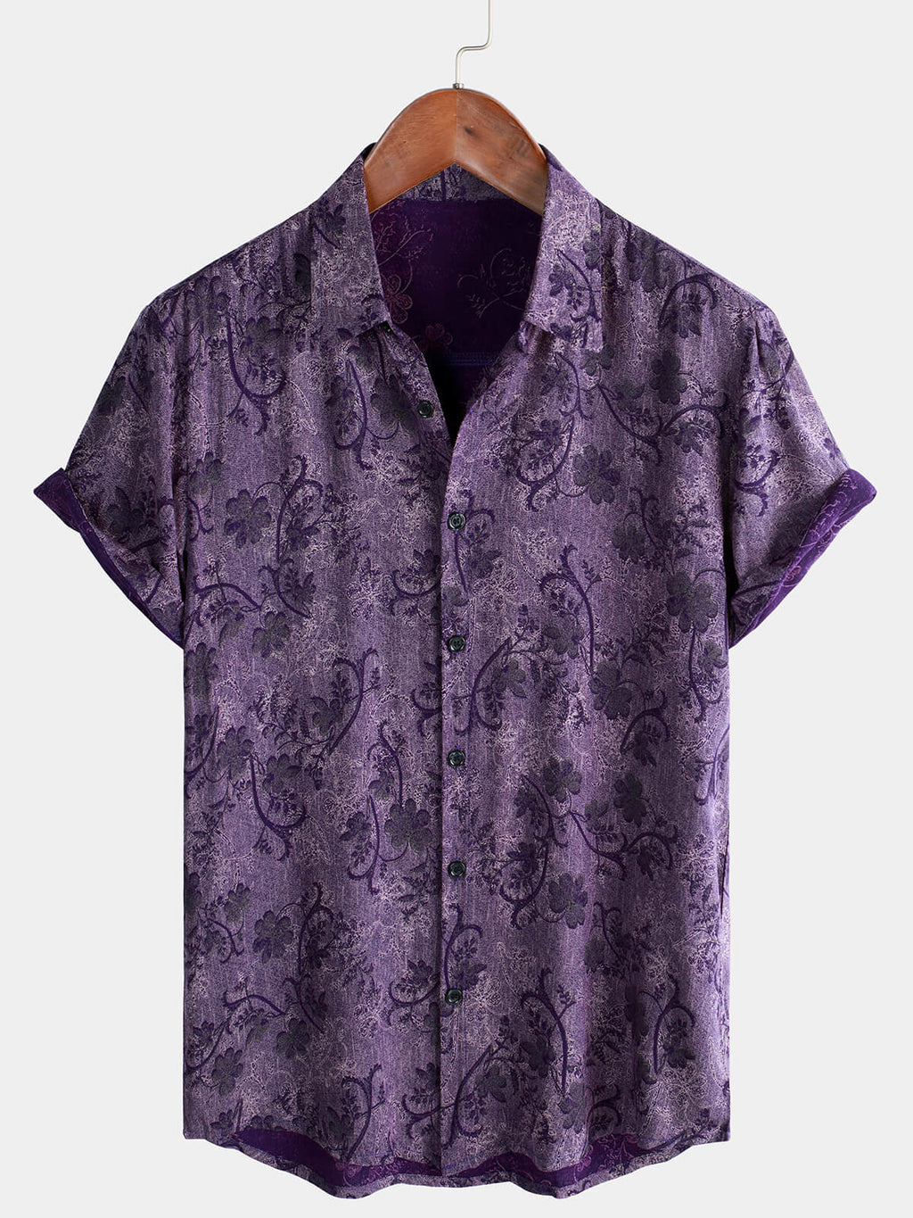 Chemise d'Homme Vintage Violet d'Été Respirante à Manches Courtes